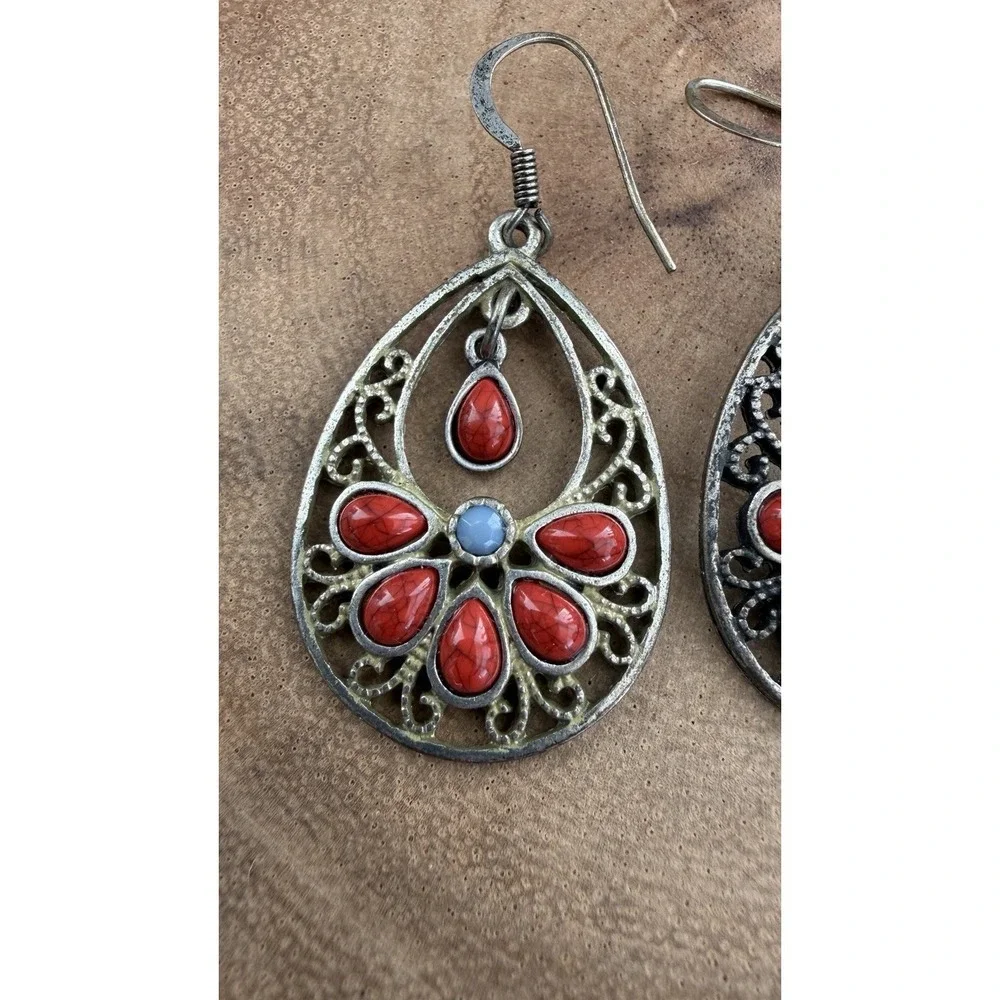Faux Blue Turquoise & Coral Silver Southwestern Filigree Teardrop Earrings Boho